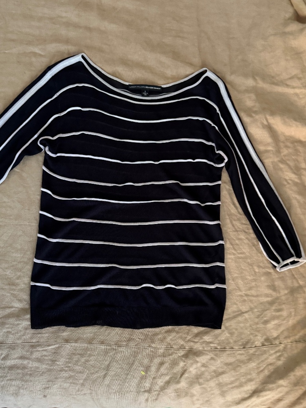 Linda Allard Ellen Tracy Striped Knit Top Made in USA Navy White | Bateau Neck